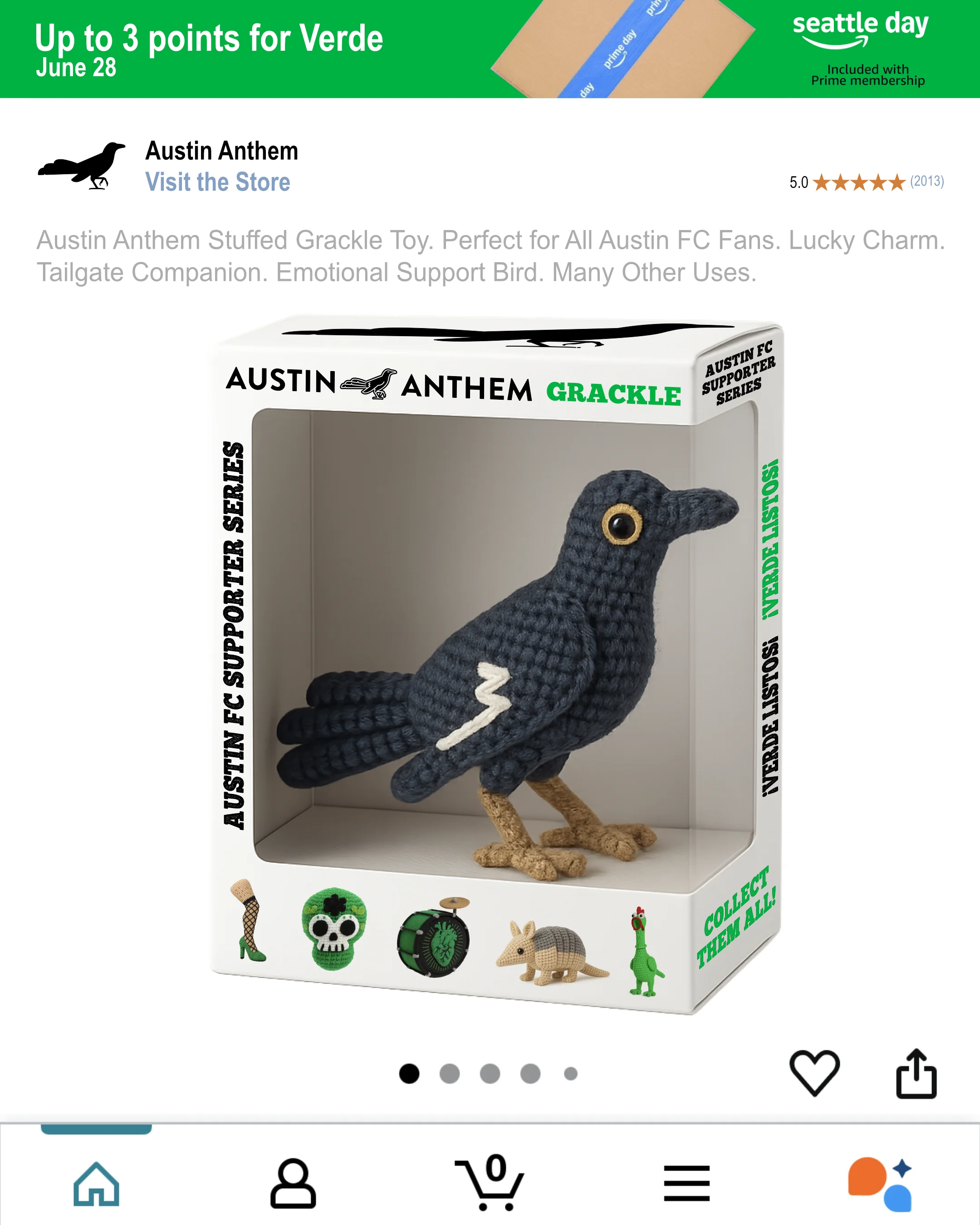 An amazon product page with a stuffed toy grackle in a box.